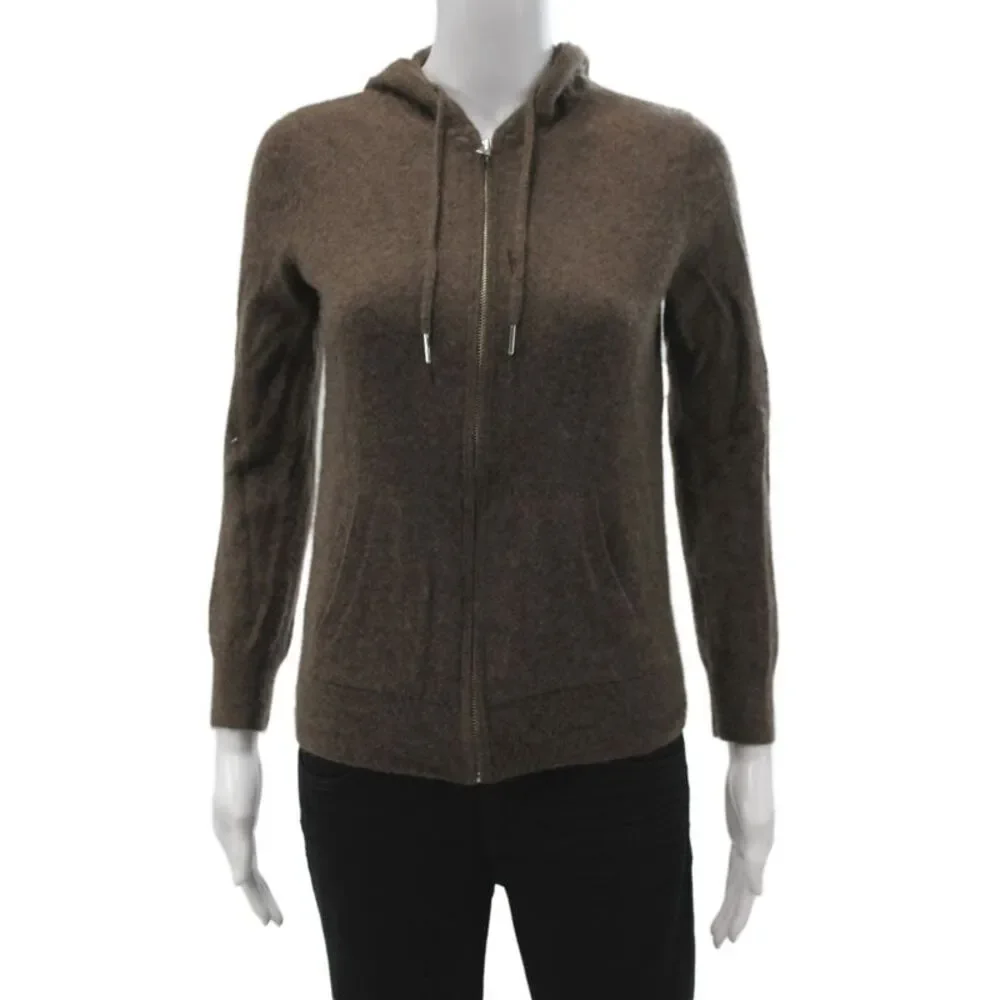 Quince Women Hooded Full Zip 100% Cashmere Sweater Brown Size M
